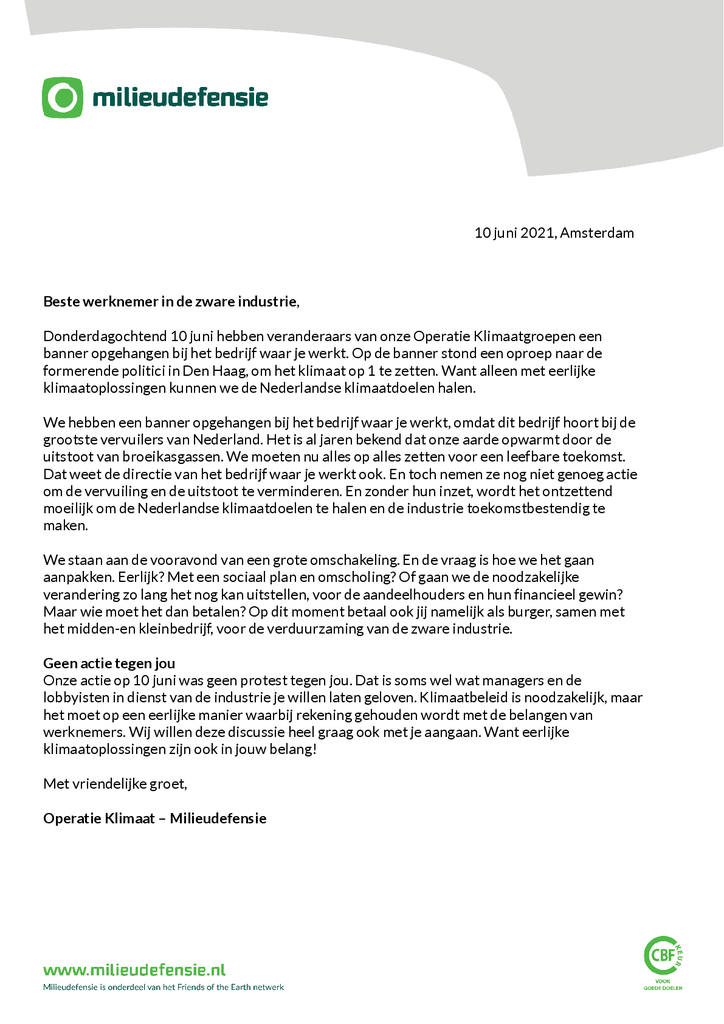 Voorbeeld van de eerste pagina van publicatie 'Open brief naar werknemers van vervuilende bedrijven'