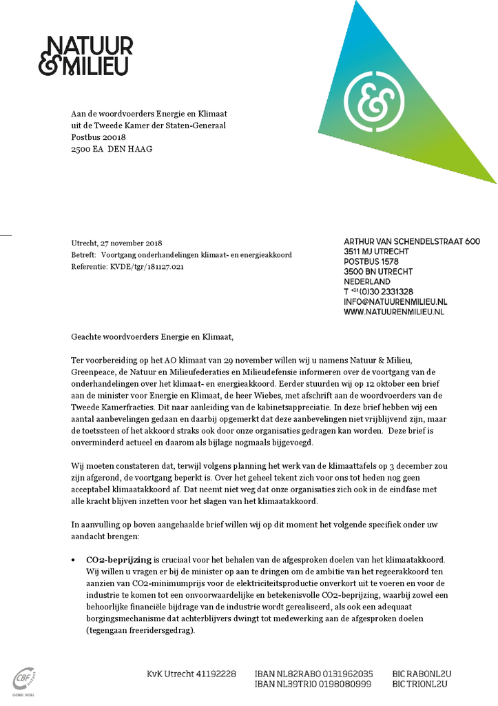 Voorbeeld van de eerste pagina van publicatie 'Lobbybrief aan de woordvoerders energie en klimaat van de Tweede Kamer'