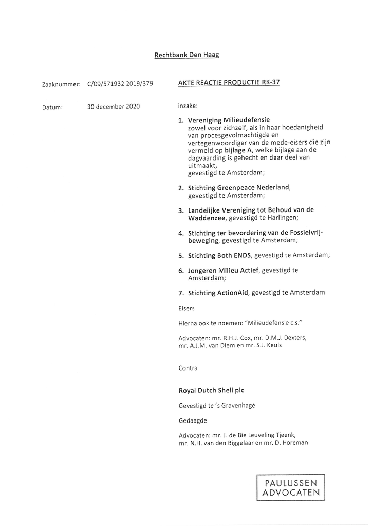 Voorbeeld van de eerste pagina van publicatie 'Akte reactie productie RK-37 Milieudefensie'