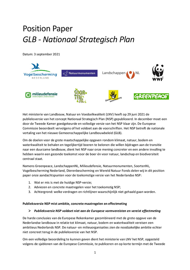 Voorbeeld van de eerste pagina van publicatie 'Position paper van 8 natuur- en milieuorganisaties over het Nationaal Strategisch Plan voor de landbouw'