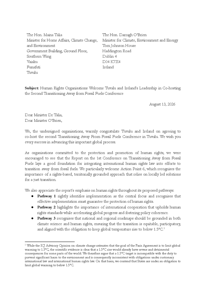 Voorbeeld van de eerste pagina van publicatie 'Brief aan regeringen Tuvalu en Ierland over uitfaseren fossiele brandstoffen'
