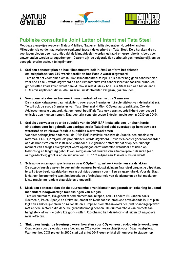 Voorbeeld van de eerste pagina van publicatie 'Publieke consultatie: plannen Tata Steel onvoldoende'
