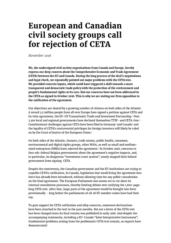 Voorbeeld van de eerste pagina van publicatie '455 Canadese en Europese maatschappelijke organisaties roepen op CETA te verwerpen'