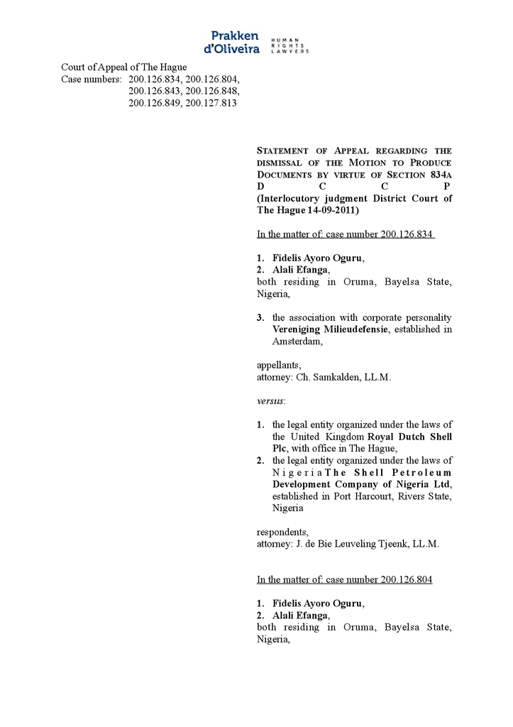 Voorbeeld van de eerste pagina van publicatie 'Shell courtcase: Appeal in motion to produce documents'