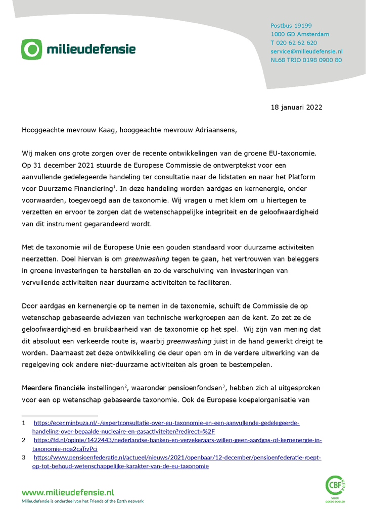 Voorbeeld van de eerste pagina van publicatie 'Brief aan ministers Kaag en Adriaansens: aardgas en kernenergie horen niet in de EU-taxonomie'