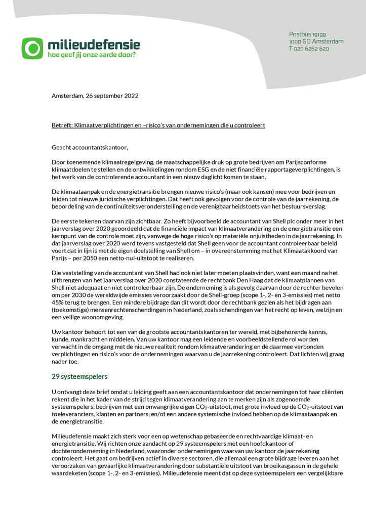 Voorbeeld van de eerste pagina van publicatie 'Dringende brief aan accountants over klimaatverplichtingen en -risico's'
