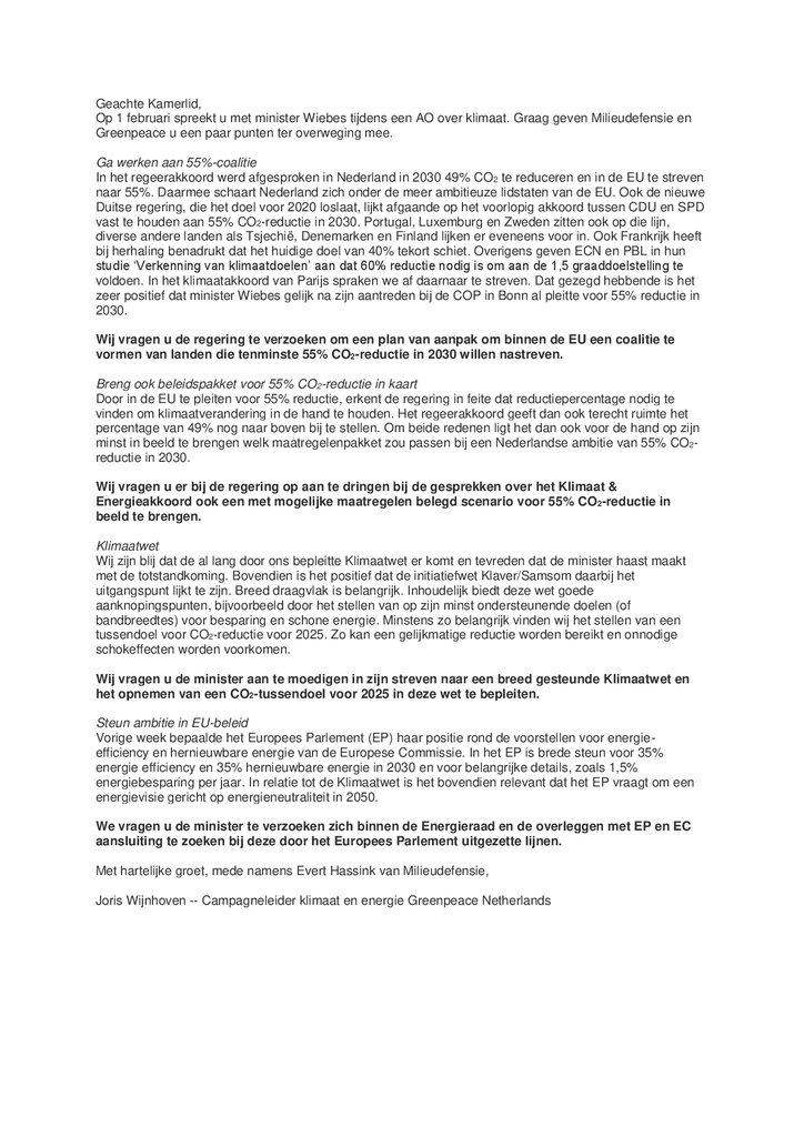 Voorbeeld van de eerste pagina van publicatie 'Brief aan Kamerleden voor AO Klimaat'