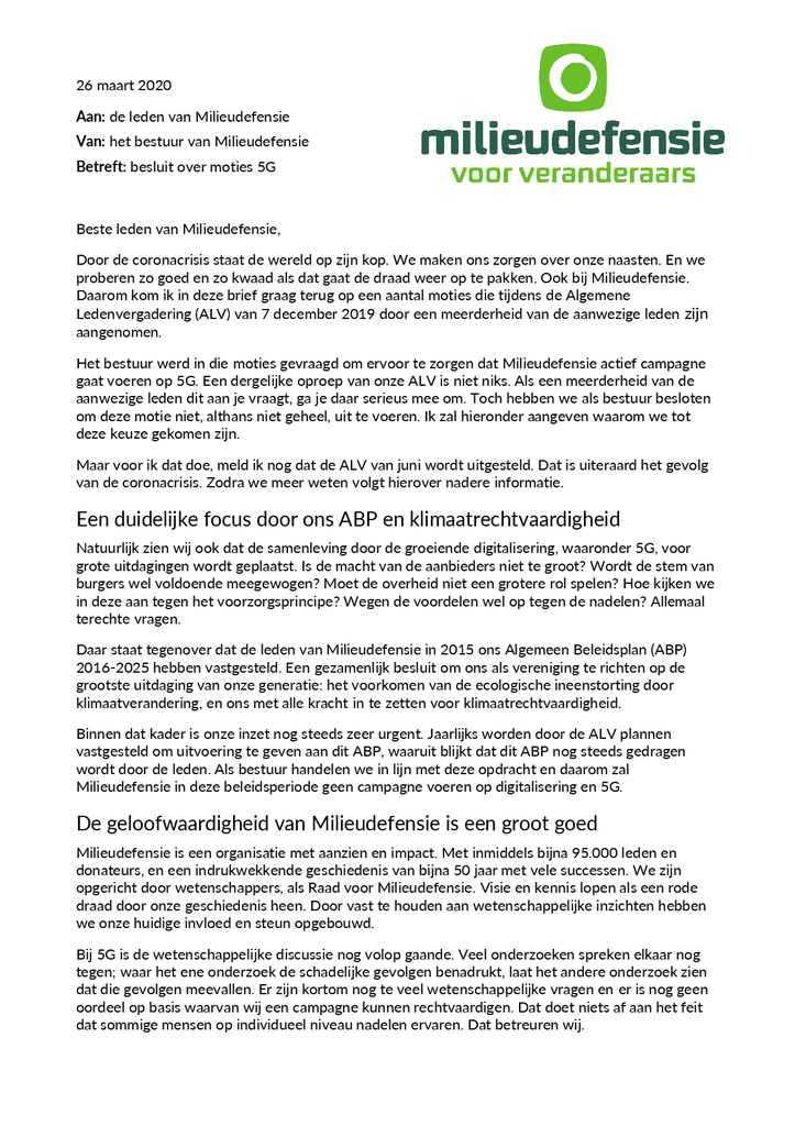 Voorbeeld van de eerste pagina van publicatie 'Brief aan de leden van Milieudefensie over 5G'