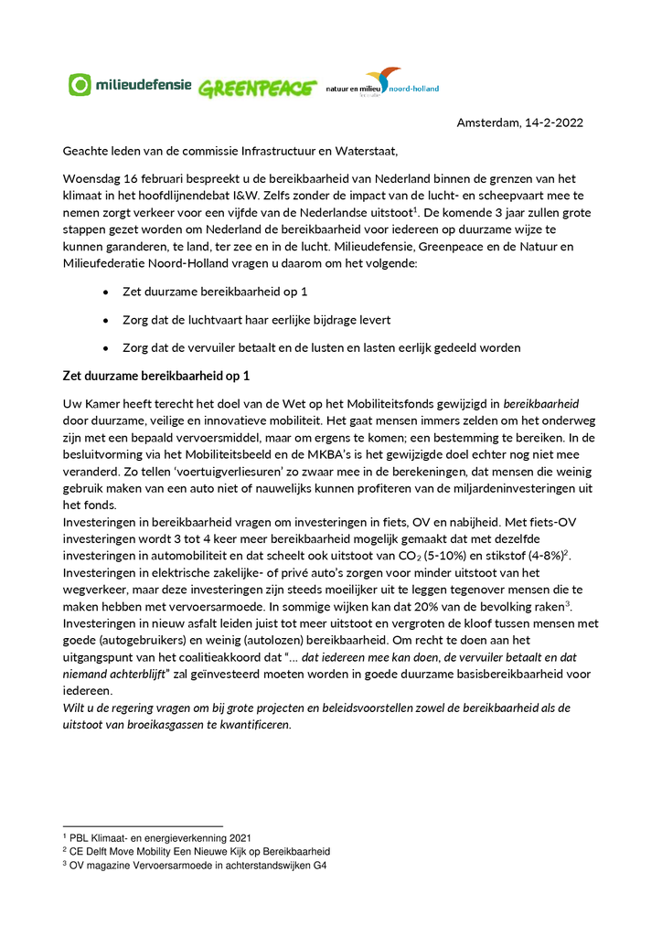 Voorbeeld van de eerste pagina van publicatie 'Brief aan commissie I&W: duurzame bereikbaarheid op 1'