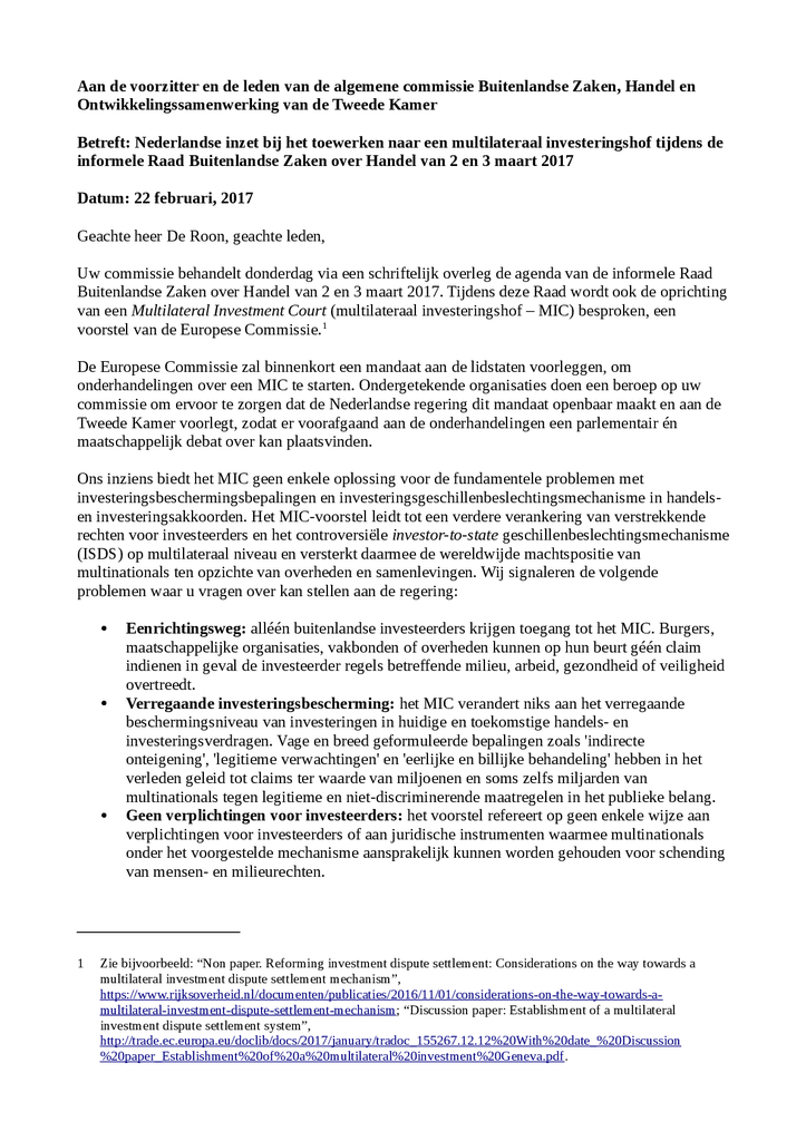Voorbeeld van de eerste pagina van publicatie 'Brief aan de Nederlandse overheid over multilateraal investeringshof'