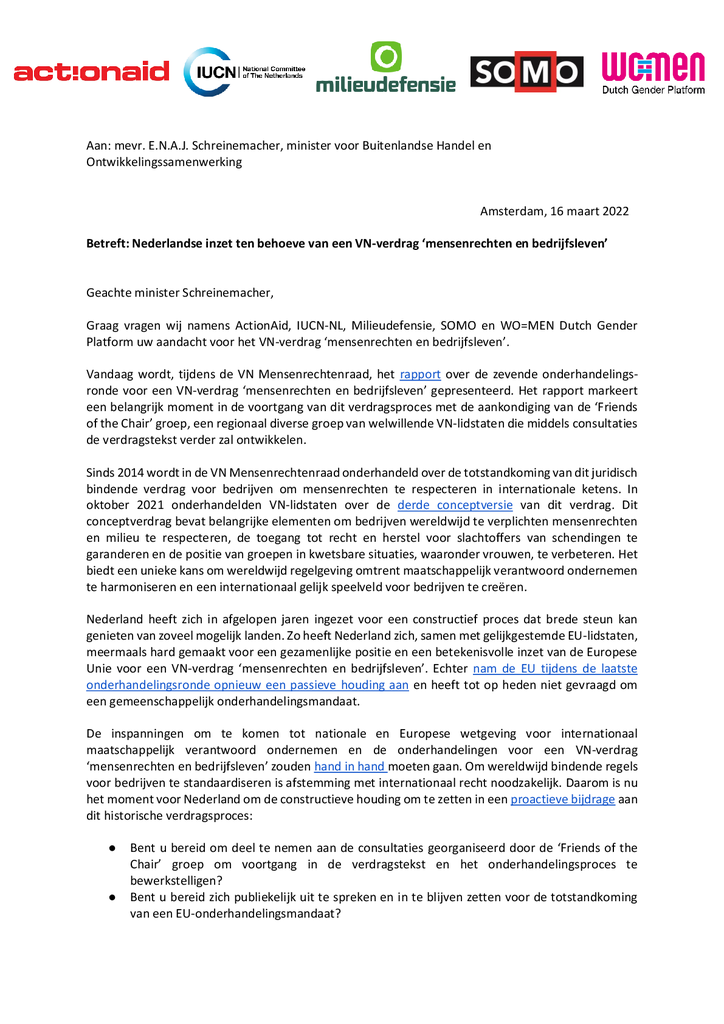 Voorbeeld van de eerste pagina van publicatie 'Nederlandse inzet voor een VN-verdrag ‘mensenrechten en bedrijfsleven’'
