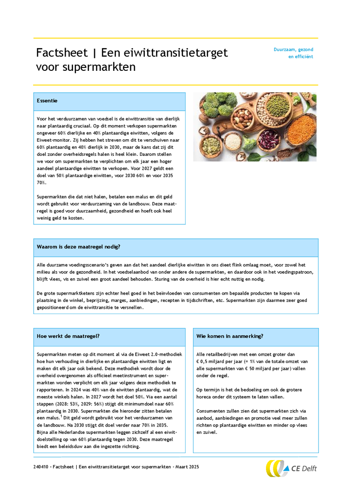 Voorbeeld van de eerste pagina van publicatie 'Factsheet: Een eiwittransitietarget voor supermarkten'
