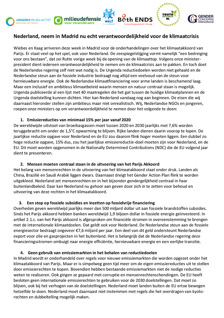 Voorbeeld van de eerste pagina van publicatie 'Brief aan minister Kaag en Wiebes: Neem in Madrid nu écht verantwoordelijkheid voor de klimaatcrisis'