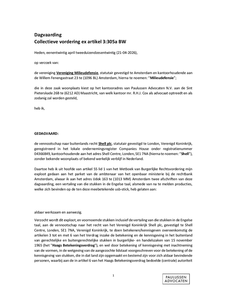 Voorbeeld van de eerste pagina van publicatie 'Dagvaarding Klimaatzaak Shell nieuwe velden'