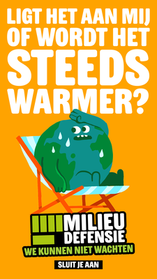 Poster met een wereldbol die het heel warm heeft, zittend in een strandstoel. Tekst: Ligt het aan mij of wordt het steeds warmer?