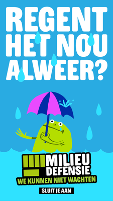 Poster van een kikker met paraplu die in een flinke plens water staat. Tekst: Regent het nou alweer?