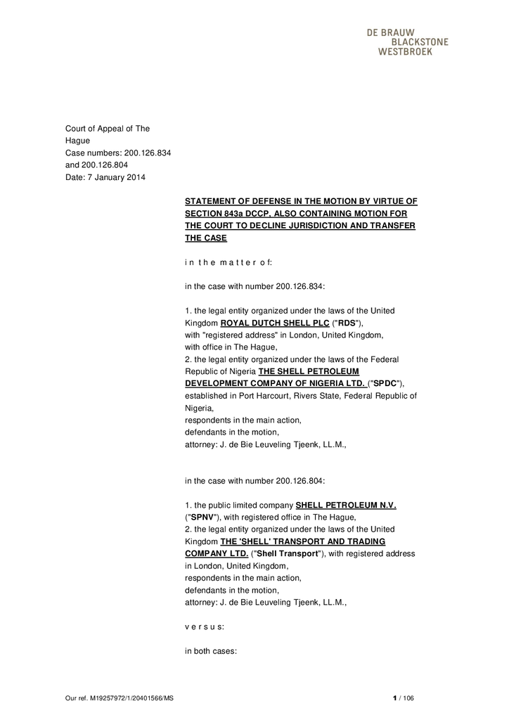 Voorbeeld van de eerste pagina van publicatie 'Shell courtcase: Defense in motion to produce documents Oruma'