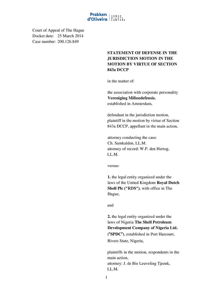 Voorbeeld van de eerste pagina van publicatie 'Shell courtcase: Defense in jurisdiction motion Ikot Ada Udo'