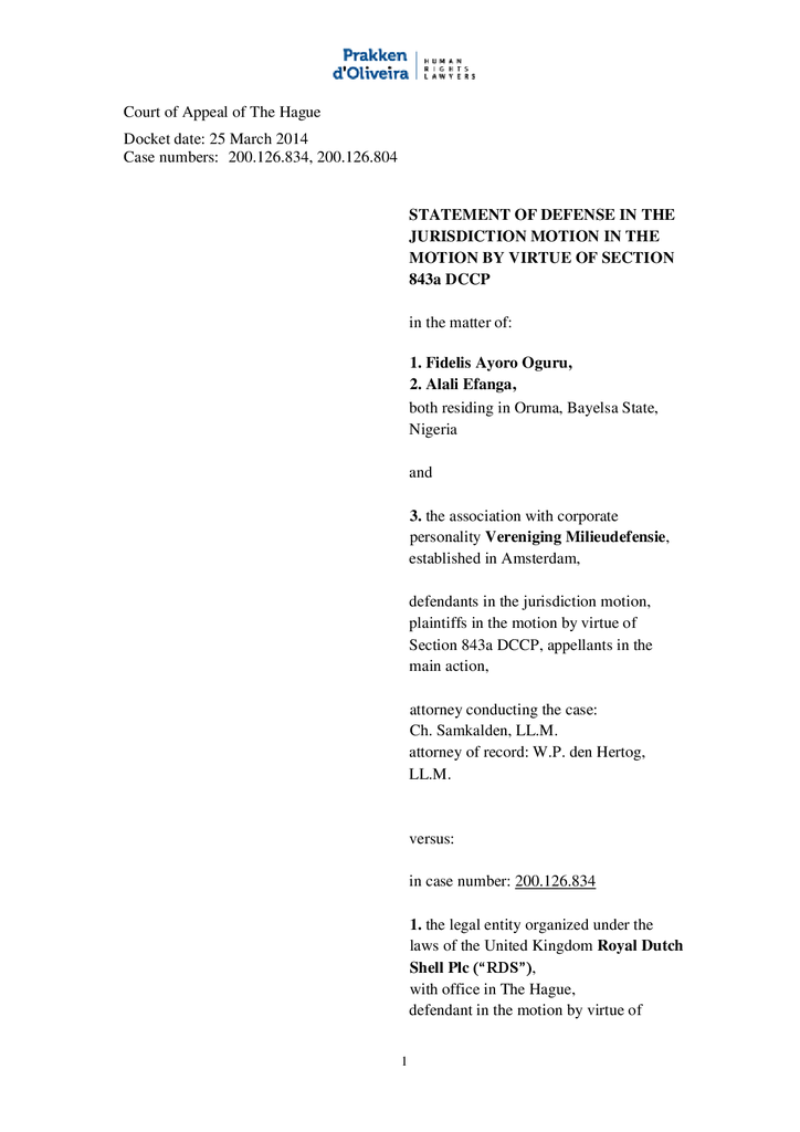 Voorbeeld van de eerste pagina van publicatie 'Shell courtcase: Defense in jurisdiction motion Oruma'