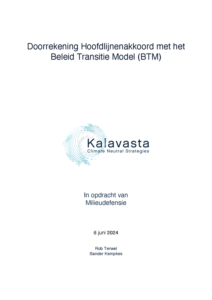 Voorbeeld van de eerste pagina van publicatie 'Doorrekening Hoofdlijnenakkoord met het Beleid Transitie Model (BTM)'