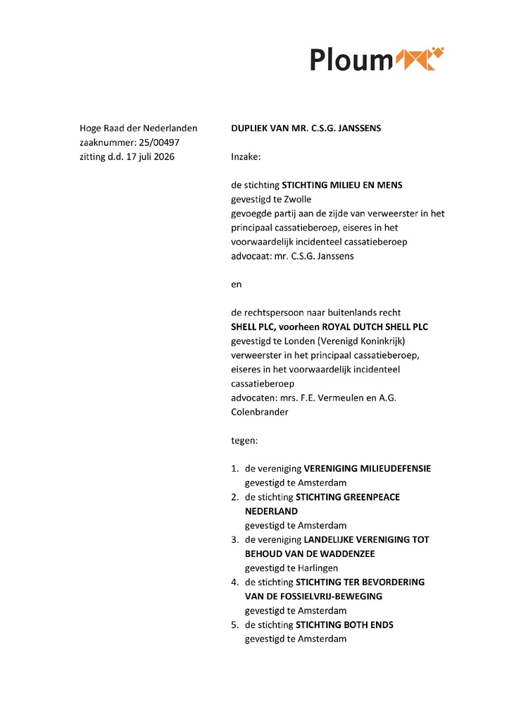 Voorbeeld van de eerste pagina van publicatie 'Klimaatzaak Shell: dupliek Milieu & Mens Hoge Raad'