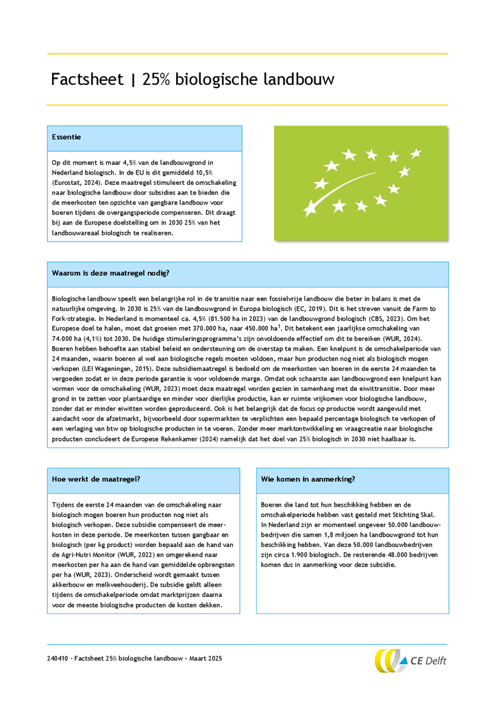 Voorbeeld van de eerste pagina van publicatie 'Factsheet: 25% biologische landbouw'