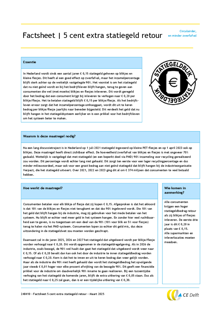 Voorbeeld van de eerste pagina van publicatie 'Factsheet: 5 cent extra statiegeld retour'