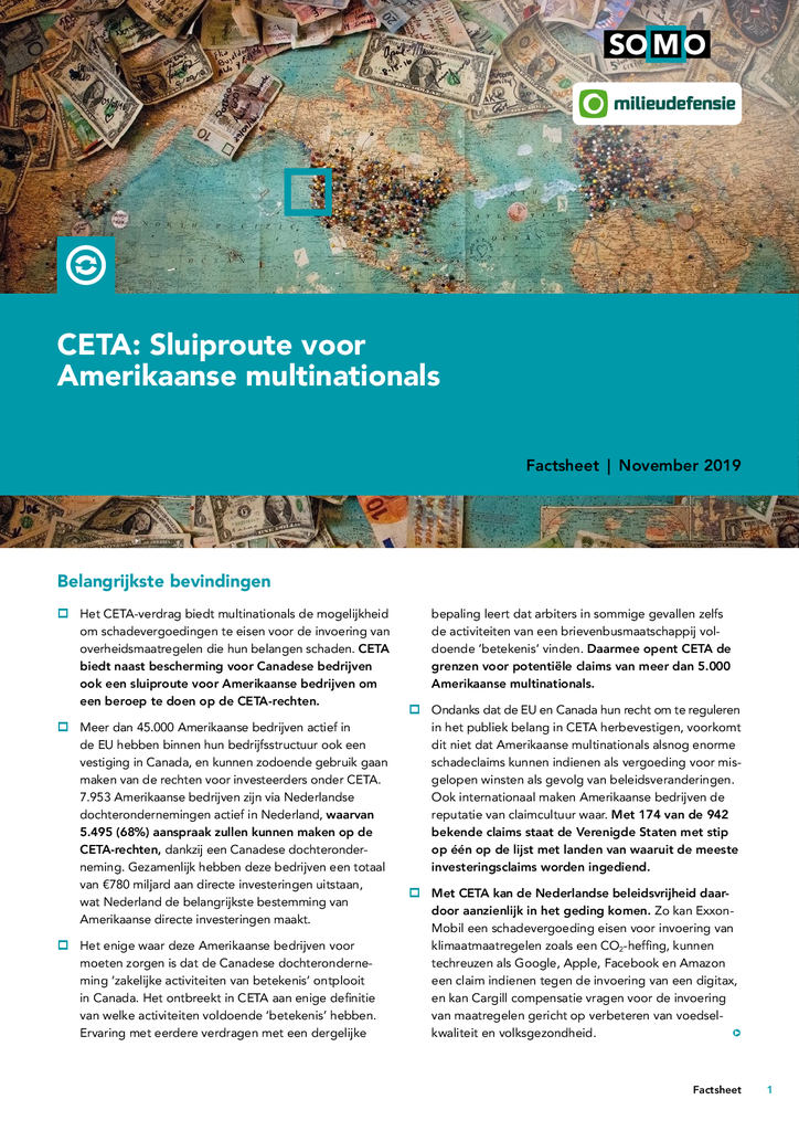 Voorbeeld van de eerste pagina van publicatie 'CETA: sluiproute voor Amerikaanse multinationals'