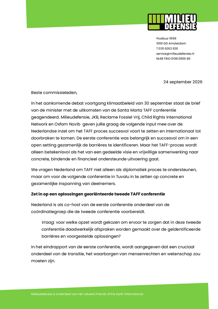 Voorbeeld van de eerste pagina van publicatie 'Input Commissiedebat Voortgang Klimaatbeleid'