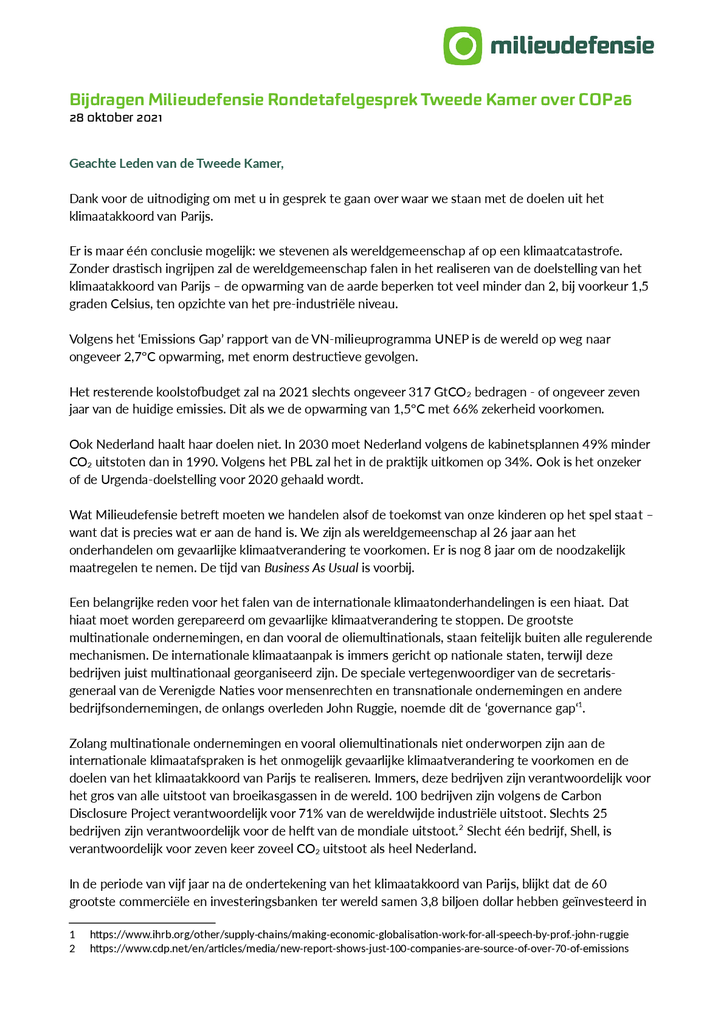 Voorbeeld van de eerste pagina van publicatie 'Bijdragen Milieudefensie aan Rondetafelgesprek Tweede Kamer over COP26'
