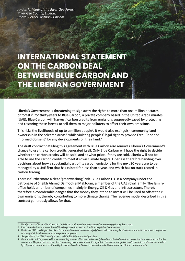 Voorbeeld van de eerste pagina van publicatie 'Verkopen bos voor CO₂-rechten is nieuw kolonialisme'