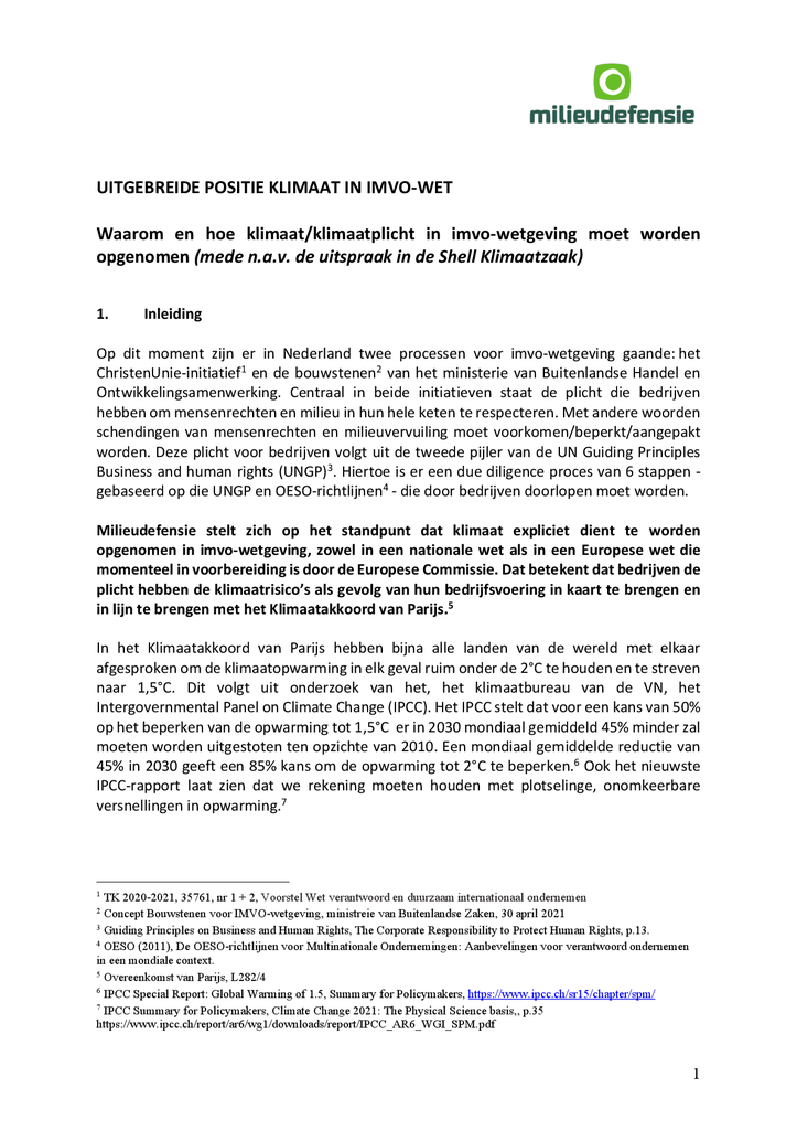 Voorbeeld van de eerste pagina van publicatie 'Position paper: klimaatplicht in IMVO-wet'