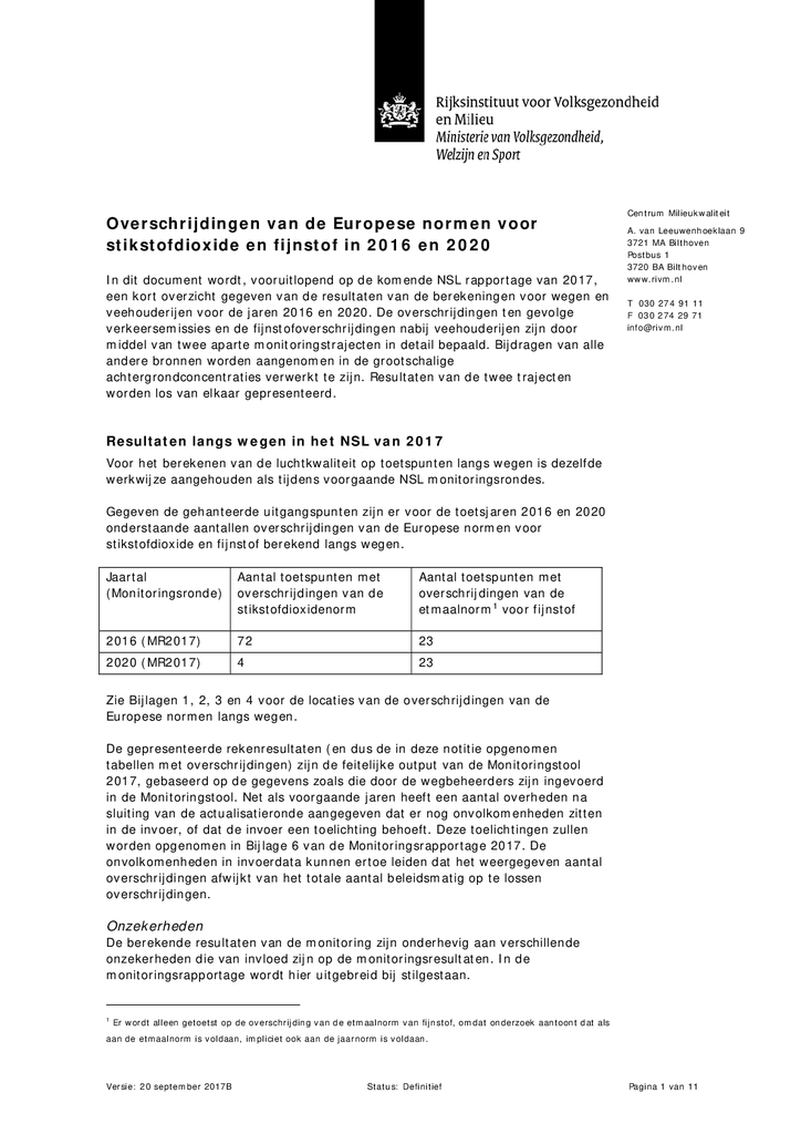 Voorbeeld van de eerste pagina van publicatie 'RIVM: overschrijdingen van de Europese normen stikstofdioxide en fijnstof in 2016 en 2020'