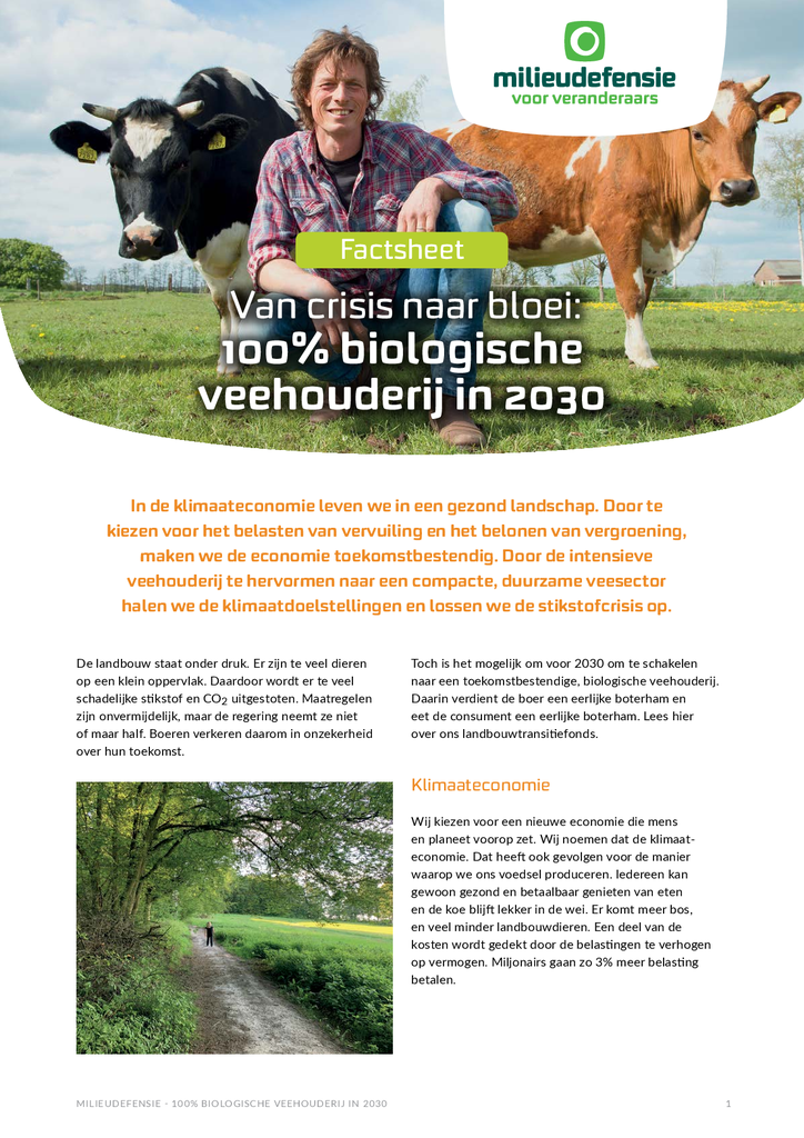 Voorbeeld van de eerste pagina van publicatie 'Landbouwtransitiefonds: in 10 jaar naar een 100% biologische veehouderij'