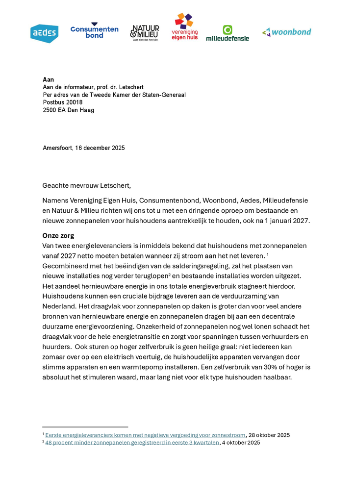 Voorbeeld van de eerste pagina van publicatie 'Lobbybrief Zonnepanelen'