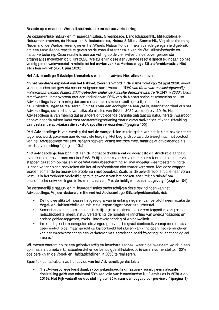Voorbeeld van de eerste pagina van publicatie 'Reactie op consultatie Wet stikstofreductie en natuurverbetering'