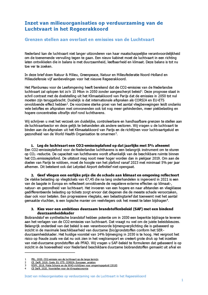 Voorbeeld van de eerste pagina van publicatie 'Inzet van milieuorganisaties op verduurzaming van de Luchtvaart in het Regeerakkoord'