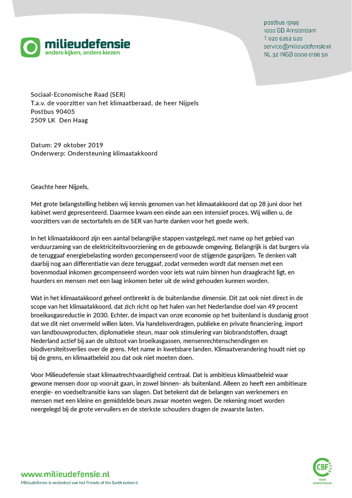 Voorbeeld van de eerste pagina van publicatie 'Reactie op het verzoek van de heer Nijpels om ondersteuning van het Klimaatakkoord'