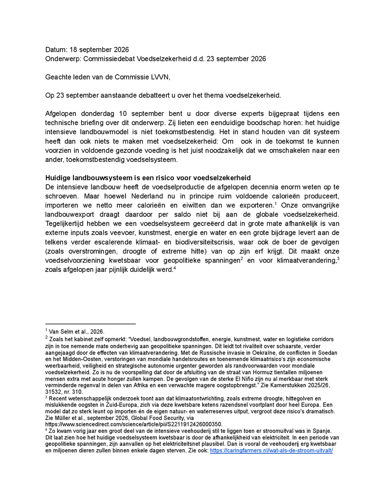 Voorbeeld van de eerste pagina van publicatie 'Brief t.b.v. commissiedebat Voedselzekerheid'