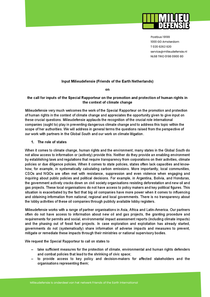 Voorbeeld van de eerste pagina van publicatie 'Inbreng Milieudefensie aan speciaal rapporteur van de VN'