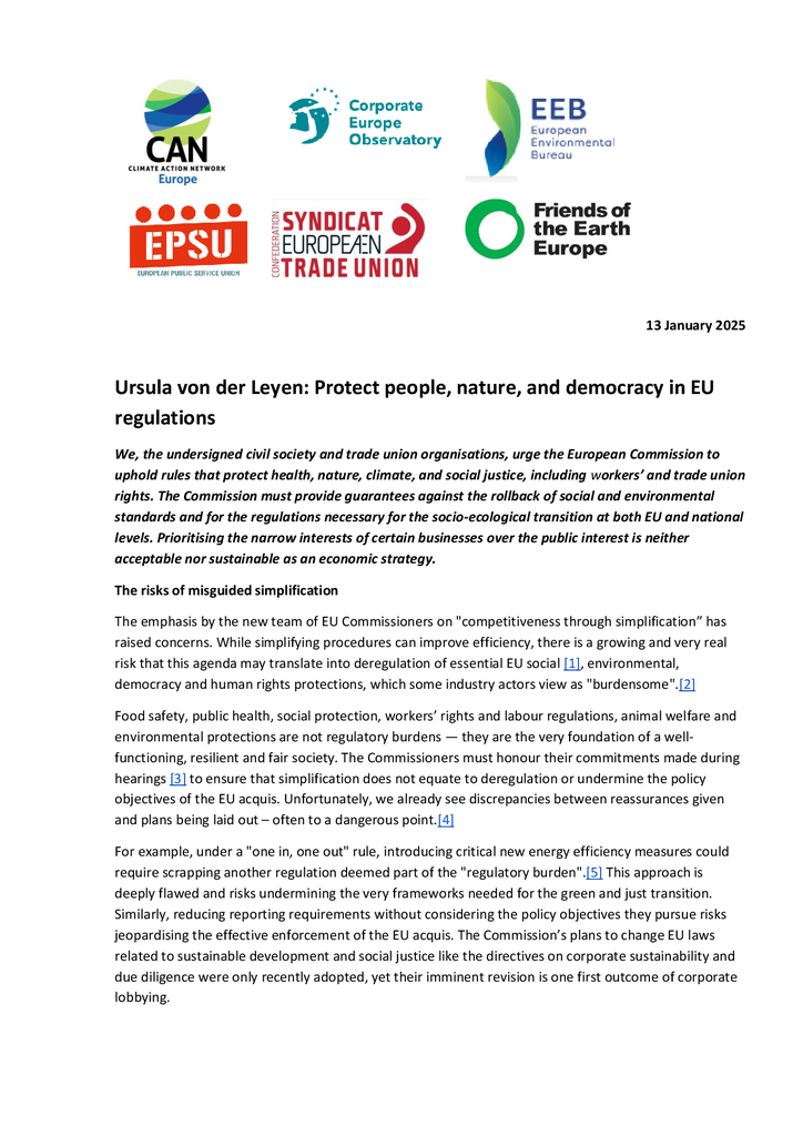 Voorbeeld van de eerste pagina van publicatie 'Brief aan Von der Leyen: bescherm mensen, klimaat, natuur en democratie'