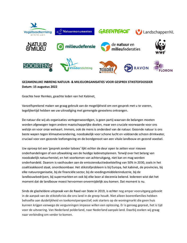 Voorbeeld van de eerste pagina van publicatie 'Brief aan Remkes: belang natuurherstel niet onderhandelbaar'