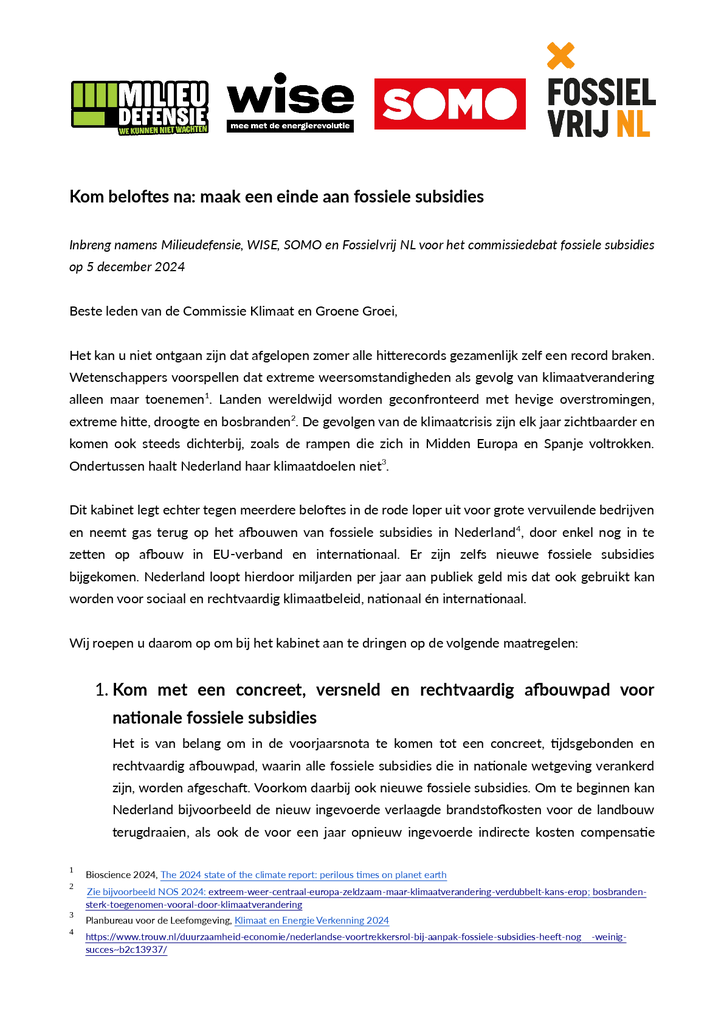 Voorbeeld van de eerste pagina van publicatie 'Overheid, kom je beloftes na en stop fossiele subsidies'