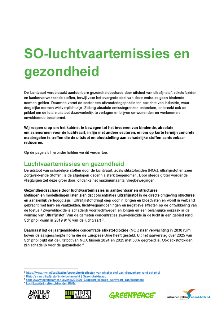 Voorbeeld van de eerste pagina van publicatie 'Inbreng milieuorganisaties luchtvaartemissies en gezondheid'
