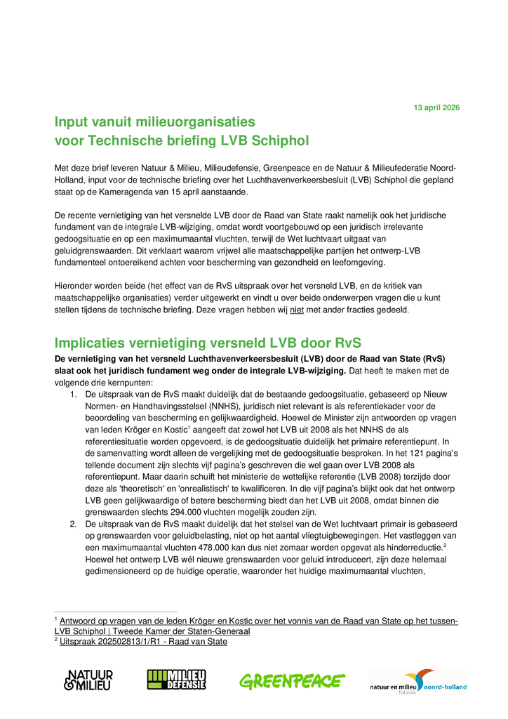 Voorbeeld van de eerste pagina van publicatie 'Lobbybrief technische briefing LVB Schiphol'