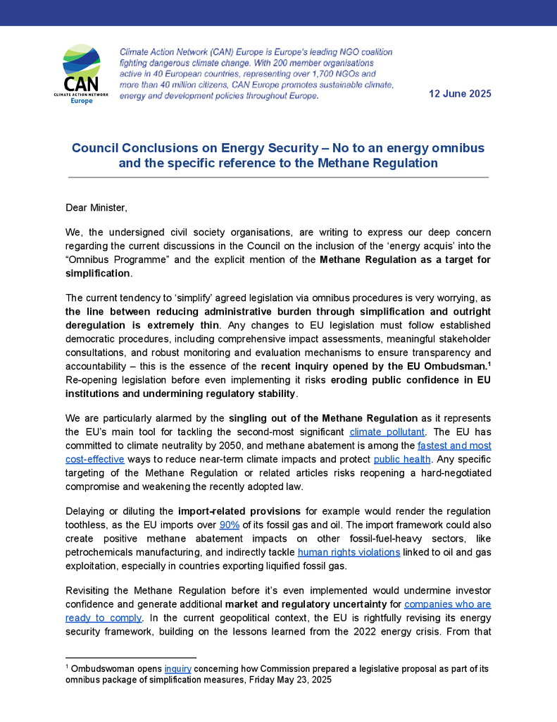 Voorbeeld van de eerste pagina van publicatie 'Brief aan de EU: stop de versimpeling van de methaanverordening'