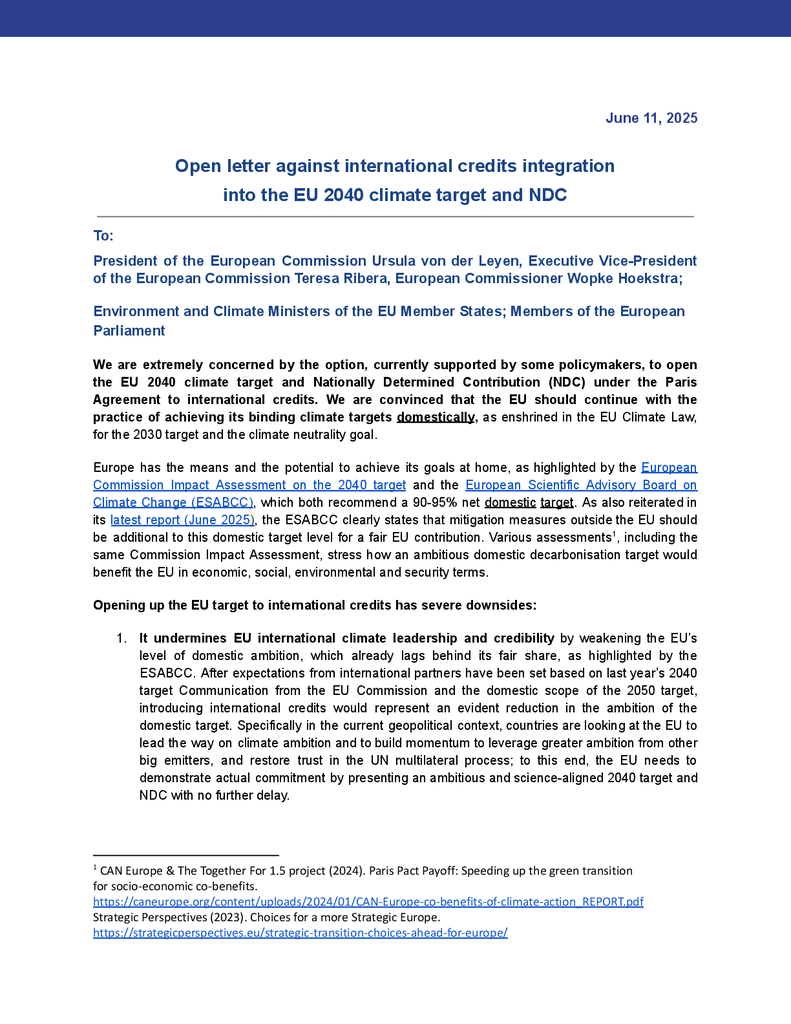 Voorbeeld van de eerste pagina van publicatie 'Brief aan EU: geen koolstofkredieten in klimaatplan'