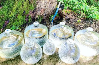 7 kannen van verschillende grootte gevuld met water.