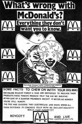 Satirisch pamflet waarop een sigaar rokende figuur met een gleufhoed zich achter een masker van Ronald McDonald verschuilt, getiteld ‘What’s wrong with McDonalds?