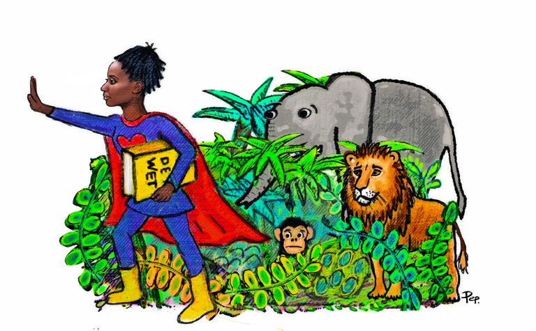Tekening van Takudzwa Metezo in een superhelden-outfit met het wetboek onder een arm en een stopgebaar makend met haar andere hand, op de achtergrond struikgewas met een olifant, een leeuw en een aap.
